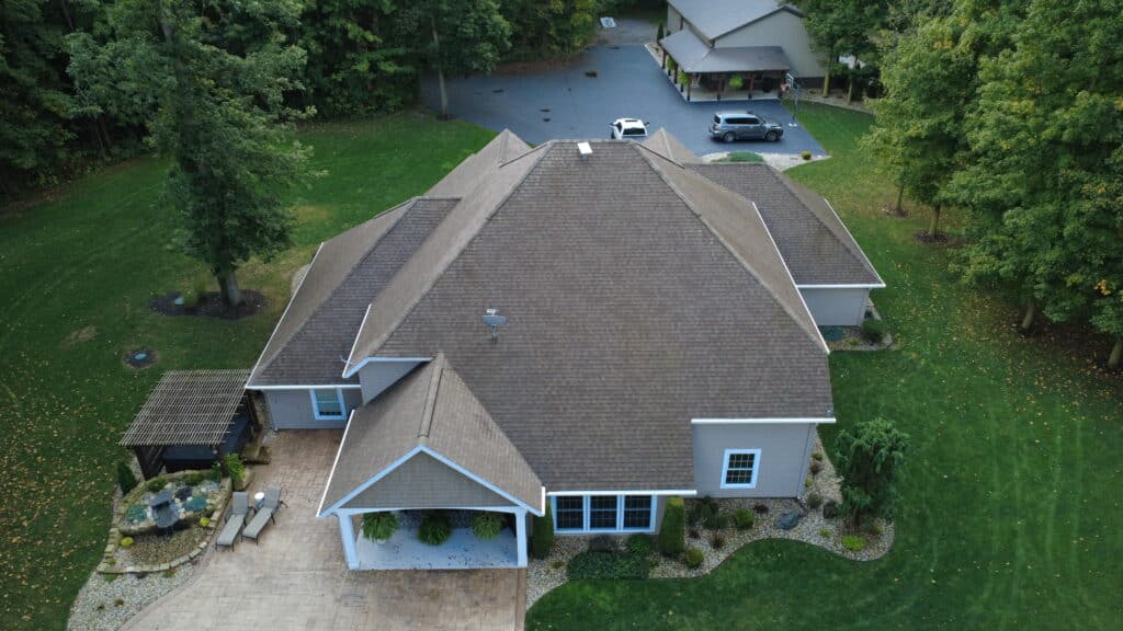 Clean asphalt roof after soft wash roof cleaning service completed in Fort Wayne Indiana